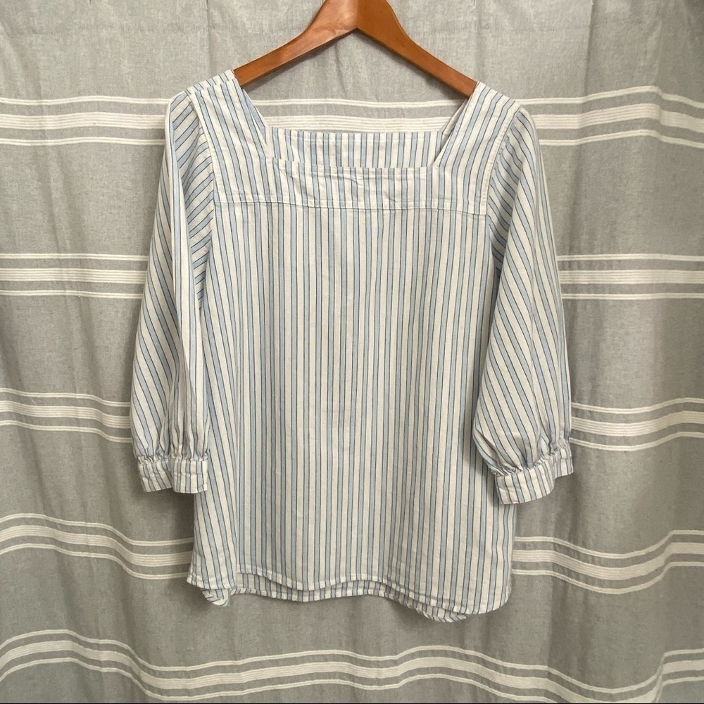 TIME AND TRU / Blue & White Striped Linen‎ Blend 3/4 Sleeve Blouse Size M(8/10)